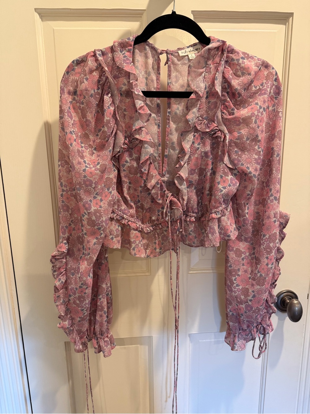 For Love & Lemons Pink Floral Ruffle Tie-Front Blouse